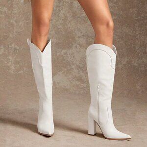 White Casual Women's Block Heel Snip Toe Tall Western Boots